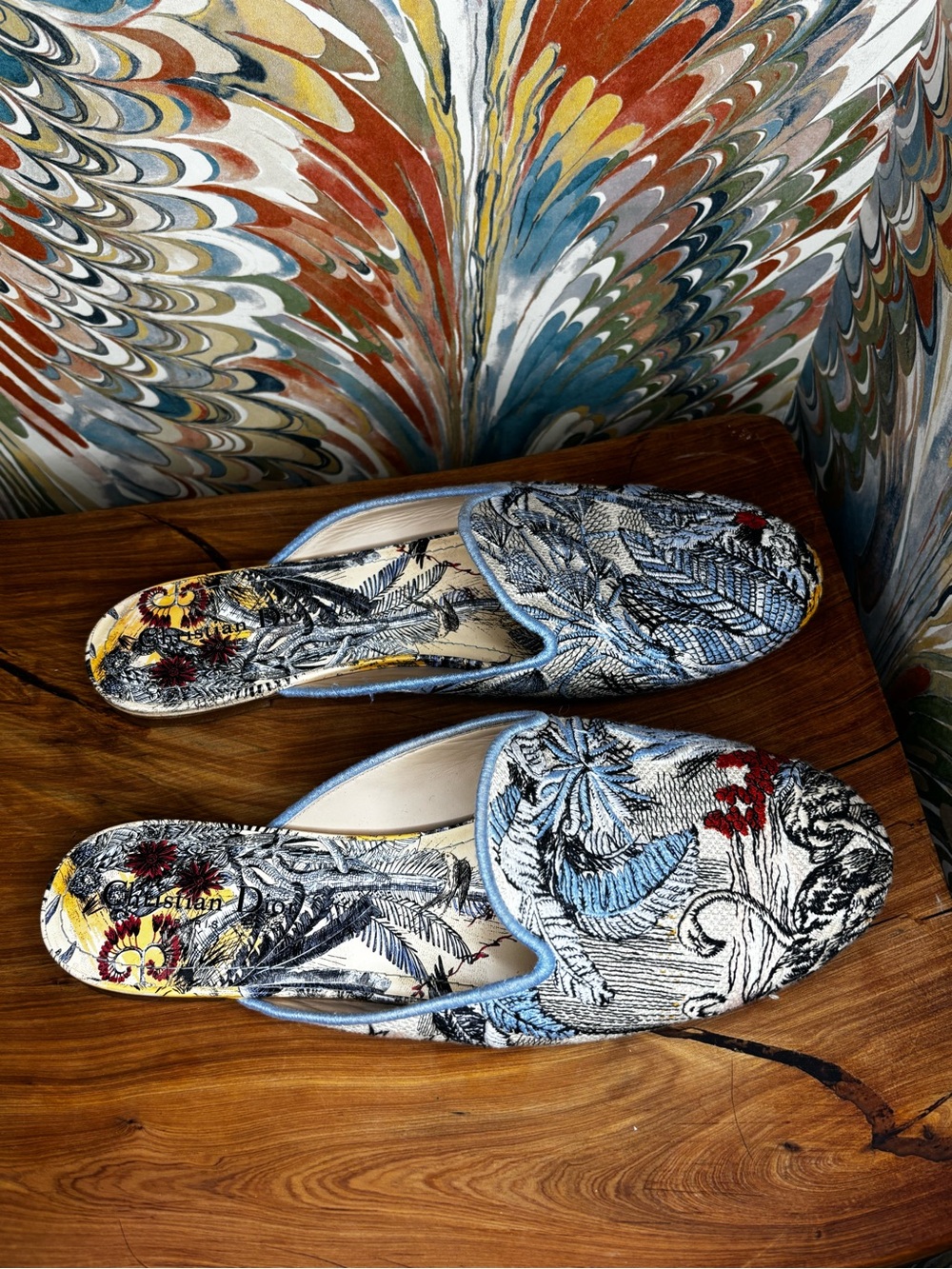 Dior Blue & Cream Embroidered Slip-On Mules with Red Floral Tropical Detail - Picture 3 of 8